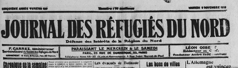 Journal des réfugiés du Nord 9 novembre 1918