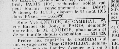 Article du journal des réfugiés du Nord 9 novembre 1918